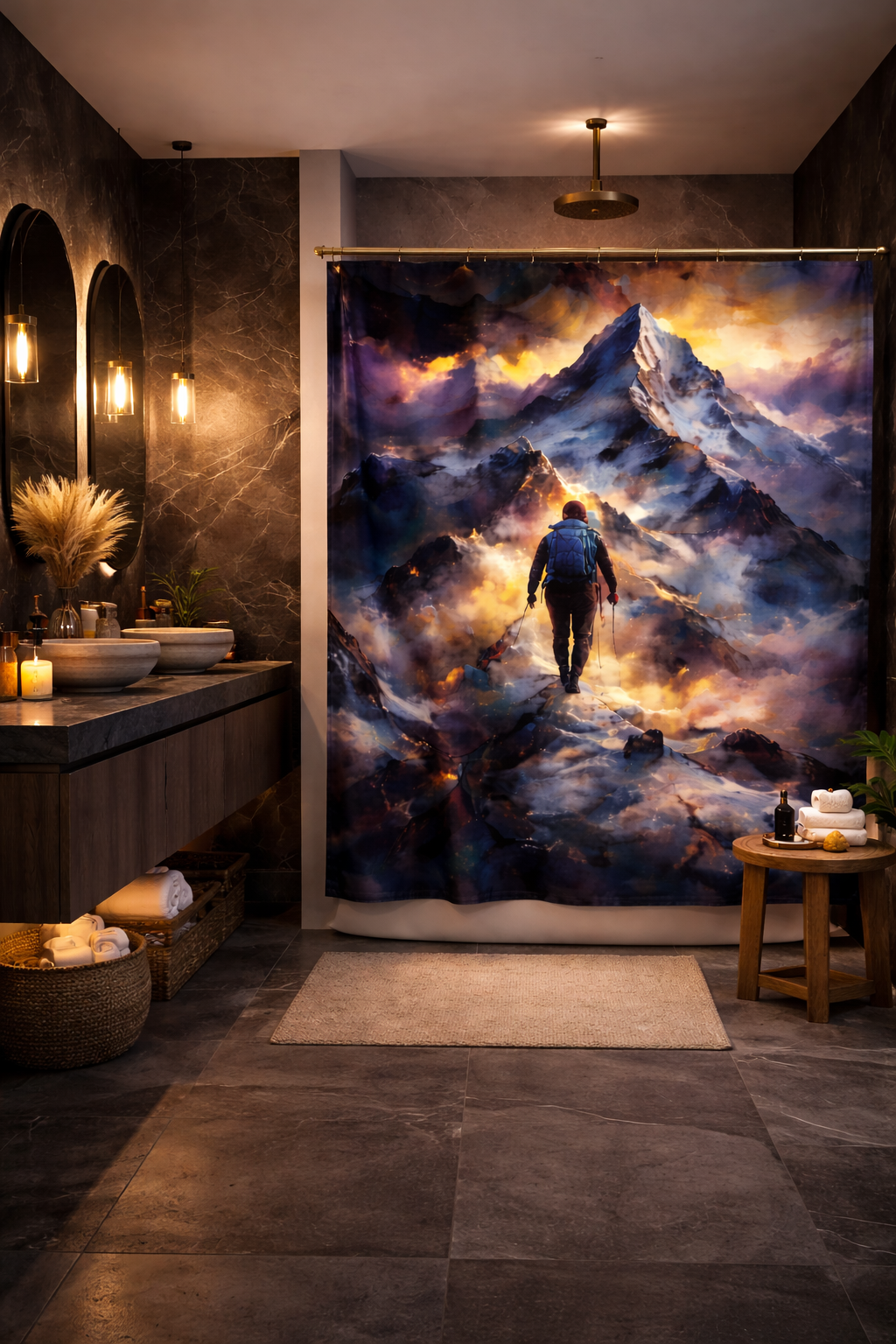 Celestial Ascent Shower Curtain Mountain & Cosmic Energy Bath Decor