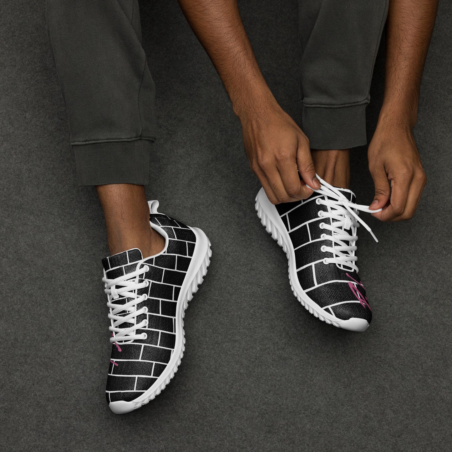 Pink Flop The Wall | Brick Wall Graphic Men's Athletic Shoes | Rock Music Wearable Art