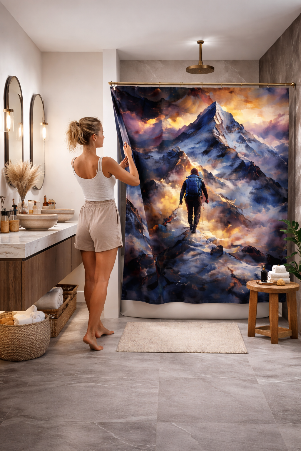 Celestial Ascent Shower Curtain Mountain & Cosmic Energy Bath Decor