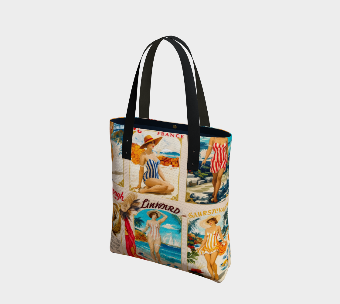 A tote bag featuring a vintage travel poster collage print with beach scenes and figures, complete with black shoulder straps, shown on a light gray background.