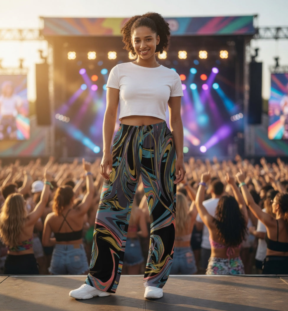 Psychedelic Swirl | Hypnotic Print Unisex Wide-Leg Festival Pants | Rave Outfit Canada