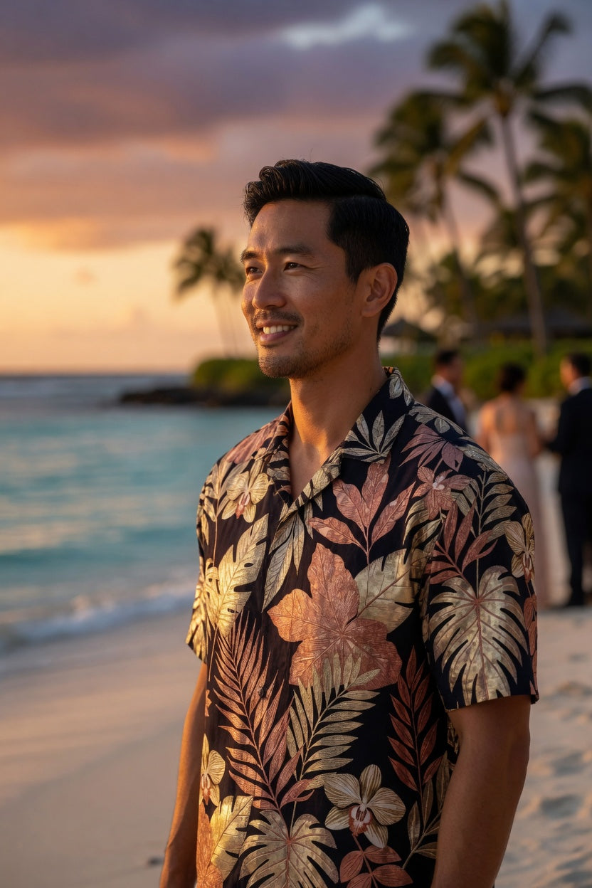 Luxury Black Metallic Botanical | Gold & Copper Tropical Hawaiian Shirt | Unisex Resort Wear