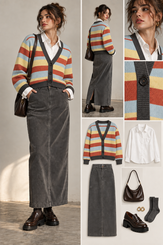 A fashion collage showing a woman modeling a striped cardigan sweater, dark gray corduroy skirt, white button-up shirt, brown leather bag, brown loafers, socks, and rings. The layout includes a full-body model shot, a back view, a close-up of the cardigan texture, a flat lay of the outfit pieces, and a close-up of the model's face.