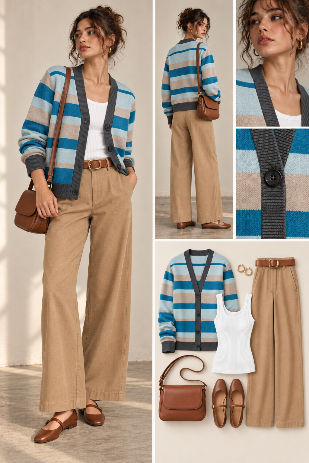 A fashion collage showing a woman modeling a blue, beige, and gray striped cardigan with tan wide-leg pants, a white tank top, brown flats, and a brown crossbody bag. The collage includes full-body views, a close-up of the cardigan texture, and an outfit flat lay on a light neutral background.