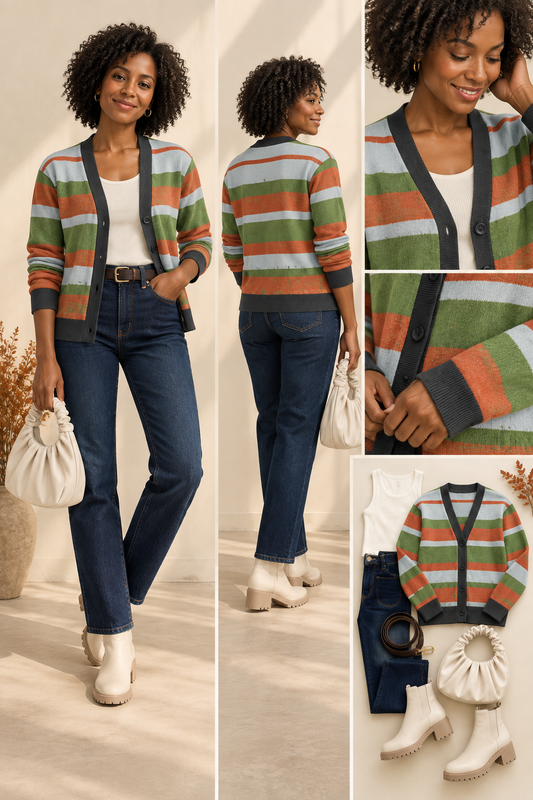 A woman models a striped cardigan in a studio setting, shown from multiple angles including front, back, and close-up detail panels. The cardigan has horizontal stripes in orange, green, and beige with dark gray trim.