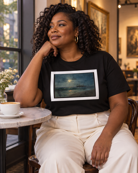 A woman with curly hair sits in a cafe setting wearing a black t-shirt with a framed landscape print of a moonlit sea scene. She is wearing cream-colored pants and sitting next to a marble-topped table with a cup of coffee.