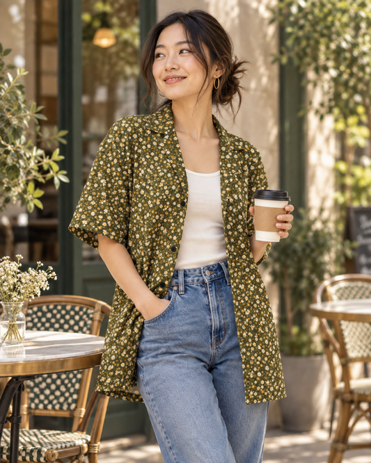 A woman stands at an outdoor cafe wearing a short-sleeve olive green button-up shirt with a small white floral print, a white tank top, and light blue jeans while holding a paper coffee cup.