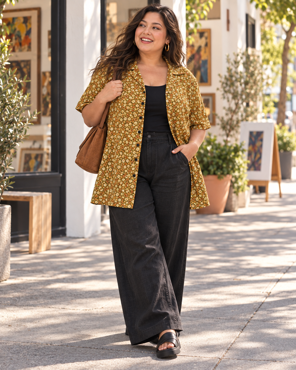 A woman walking outdoors on a sunlit sidewalk wearing a mustard yellow short-sleeve button-up shirt with a white floral print over a black top and black wide-leg pants, carrying a brown shoulder bag.