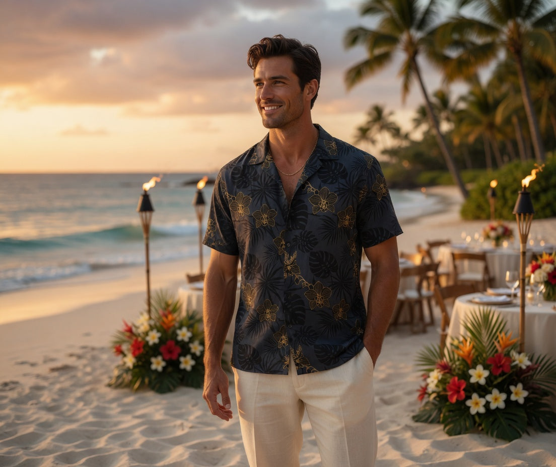 Midnight Tropics | Dark Navy & Gold Tropical Hawaiian Shirt | Unisex Moody Resort Wear