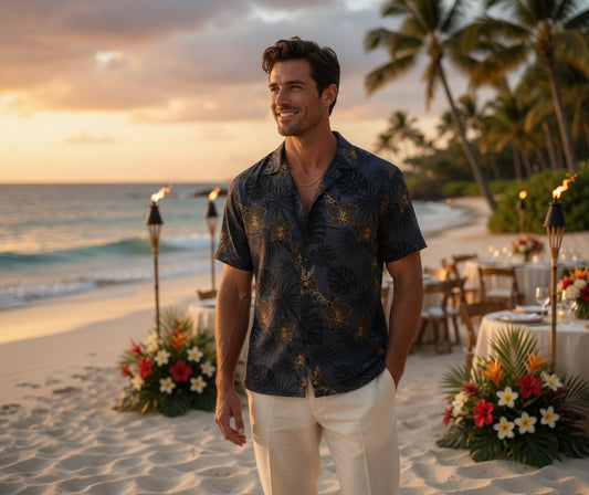 Midnight Tropics | Dark Navy & Gold Tropical Hawaiian Shirt | Unisex Moody Resort Wear