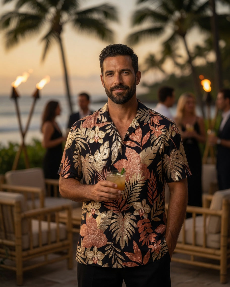 Luxury Black Metallic Botanical | Gold & Copper Tropical Hawaiian Shirt | Unisex Resort Wear