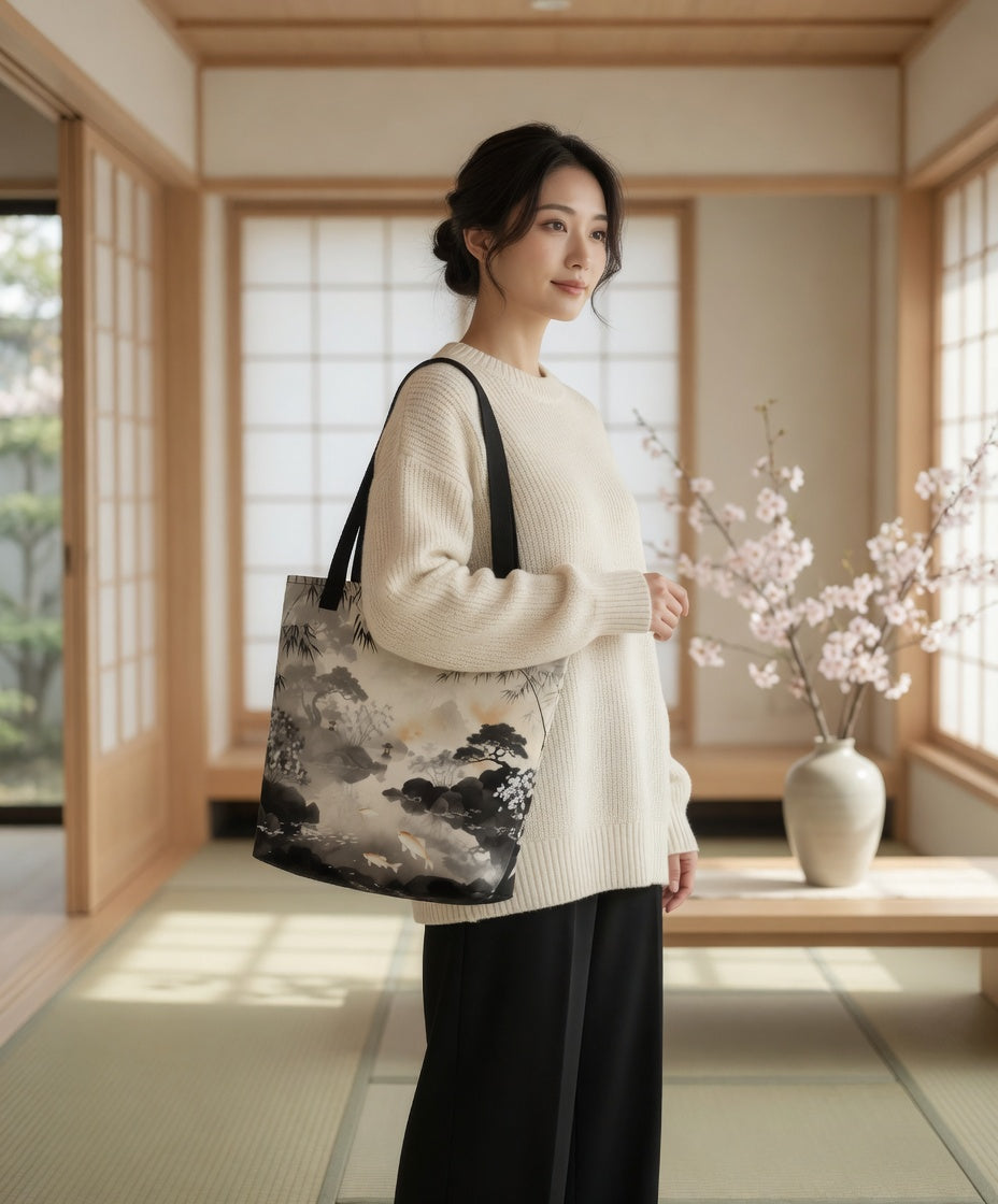 Misty Kyoto Garden | Japanese Ink-Wash Art Tote Bag | Bullfrog Prints Canada