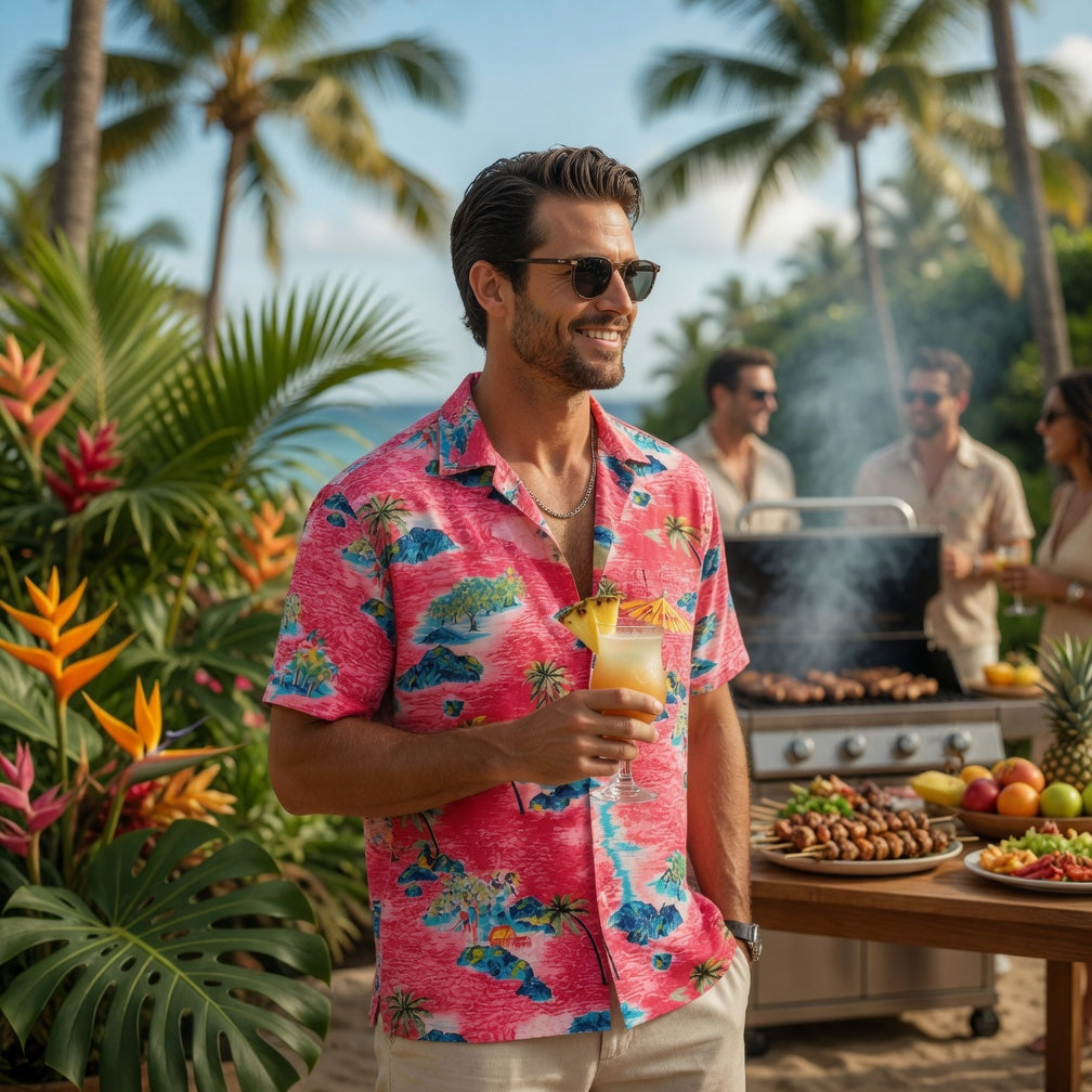 Man in a tropical shirt holding a drink outdoors with palm trees and a grill in the background