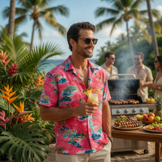 Man in a tropical shirt holding a drink outdoors with palm trees and a grill in the background