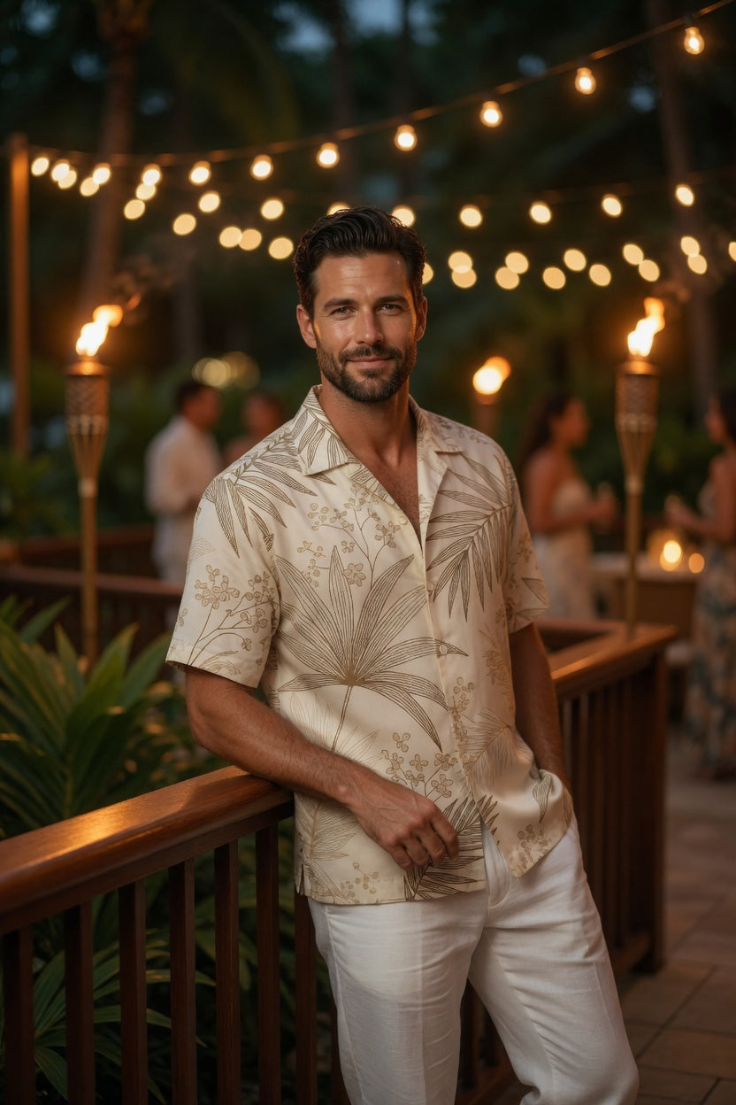 Quiet Luxury | Minimalist Beige & Gold Line-Art Palm Hawaiian Shirt | Unisex Resort Wear