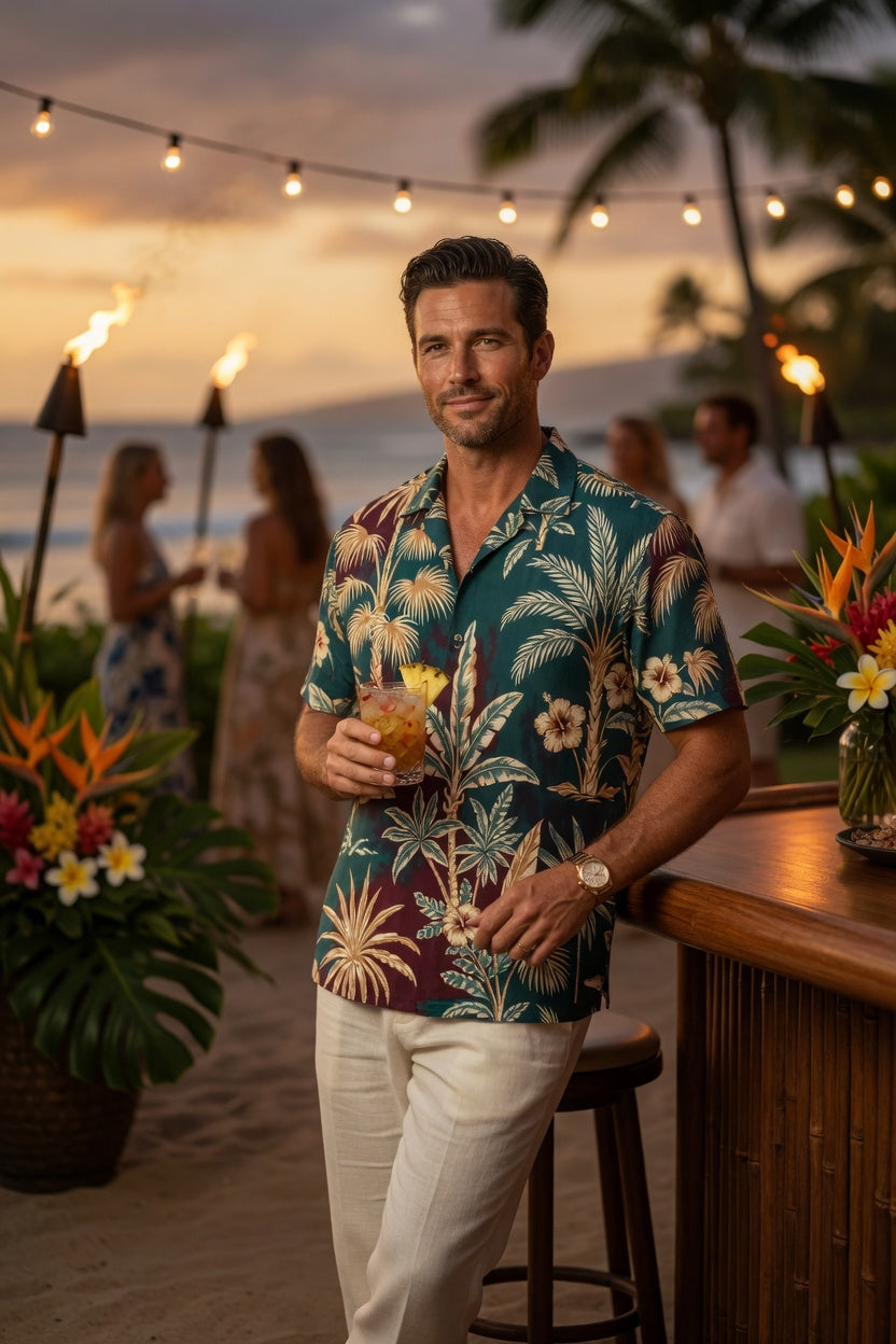 Vintage Luxe | Emerald Burgundy & Gold Botanical Hawaiian Shirt | Unisex Old-Money Resort Wear