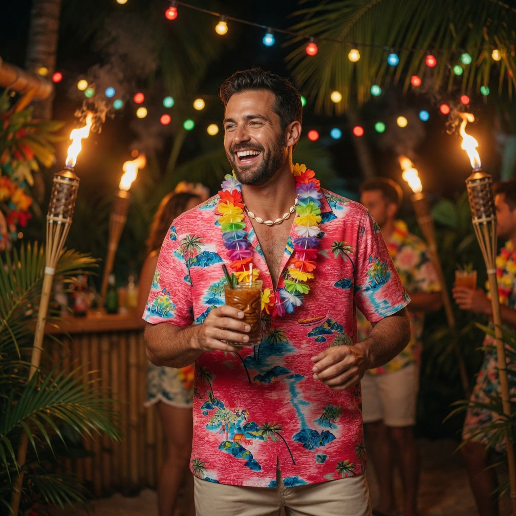 Iconic 90s Tropical Island | Pink Ocean & Palm Tree Hawaiian Shirt | Unisex Retro Resort Wear