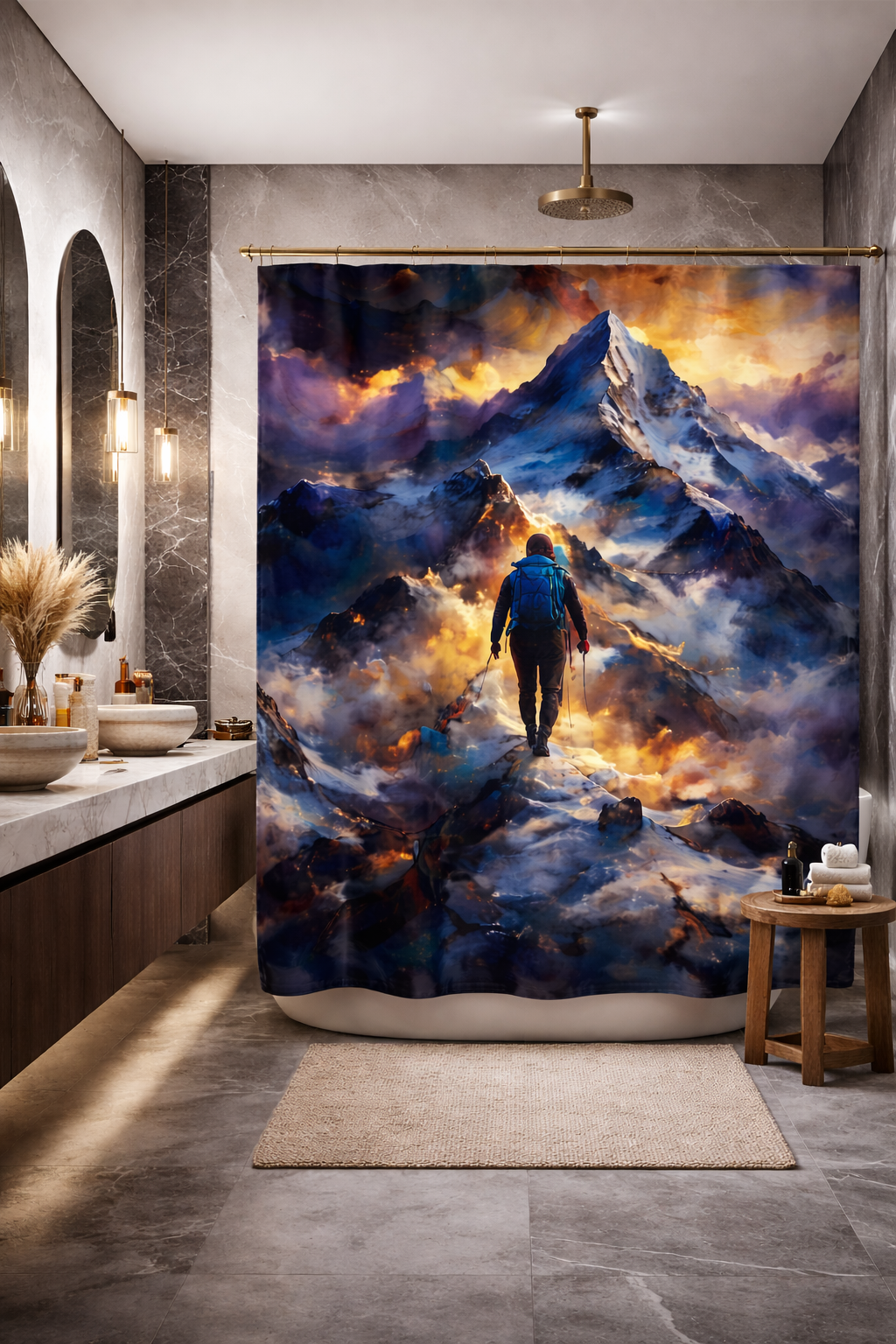 Celestial Ascent Shower Curtain Mountain & Cosmic Energy Bath Decor