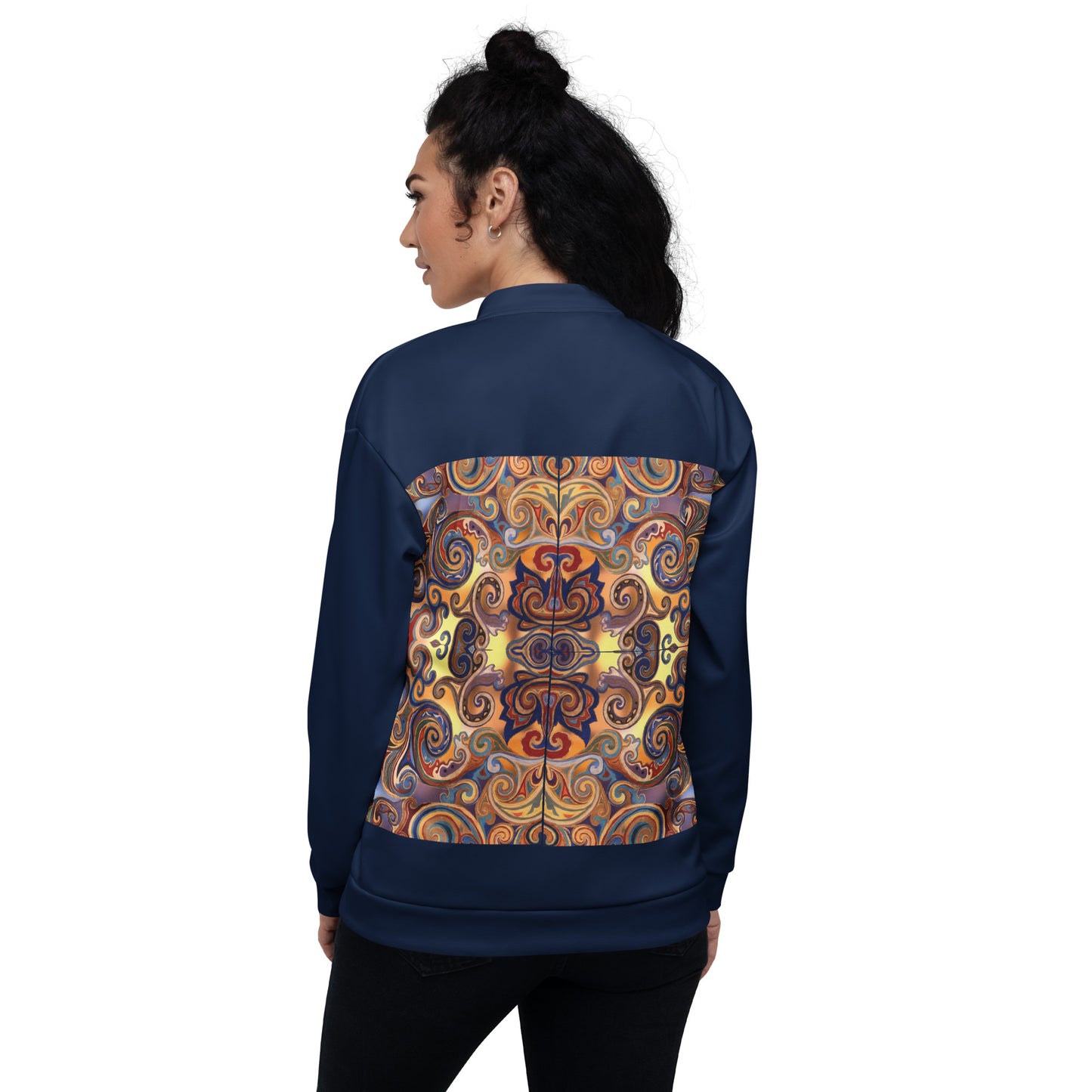A woman shown from the back wearing a navy blue long-sleeve jacket with a large, colorful ornate pattern panel across the back, set against a plain white background.