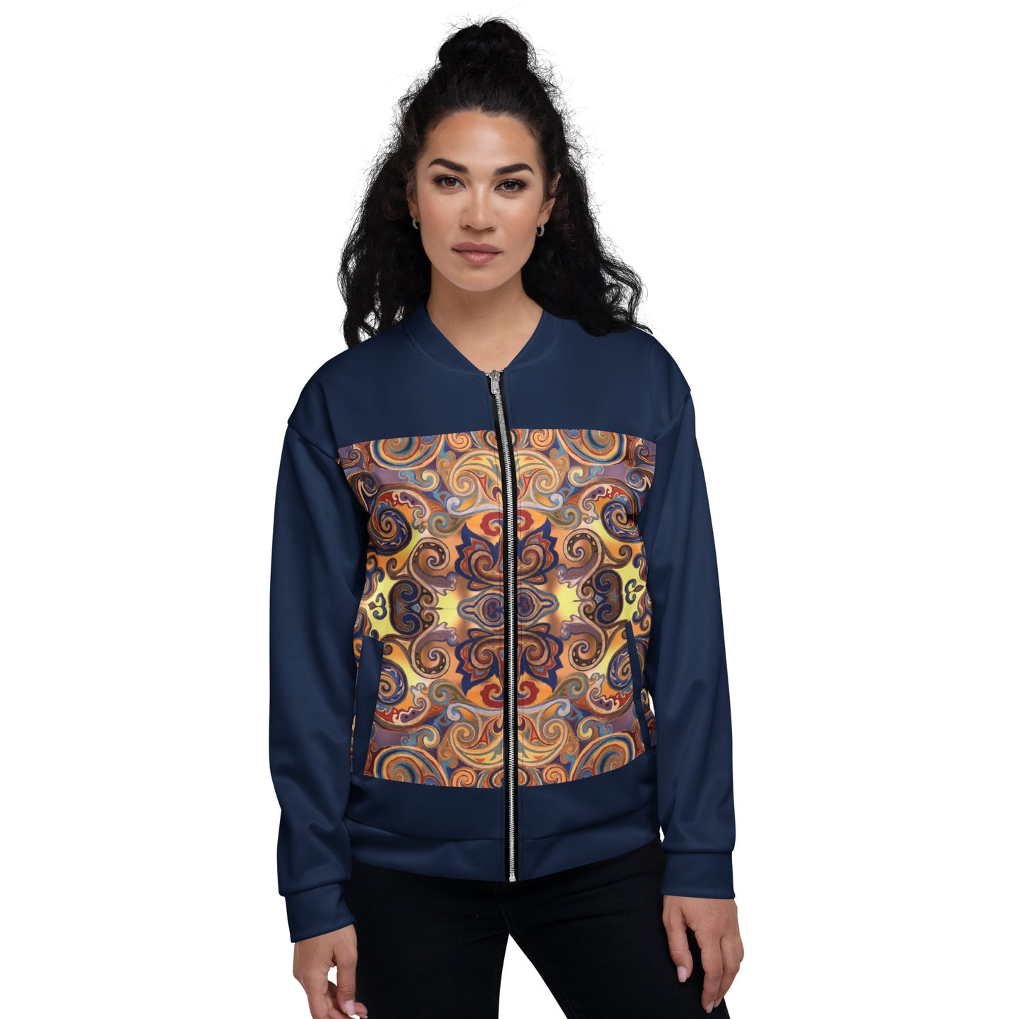 A woman modeling a navy blue zip-up bomber jacket with a large, colorful abstract mandala pattern panel across the chest, set against a plain white background.