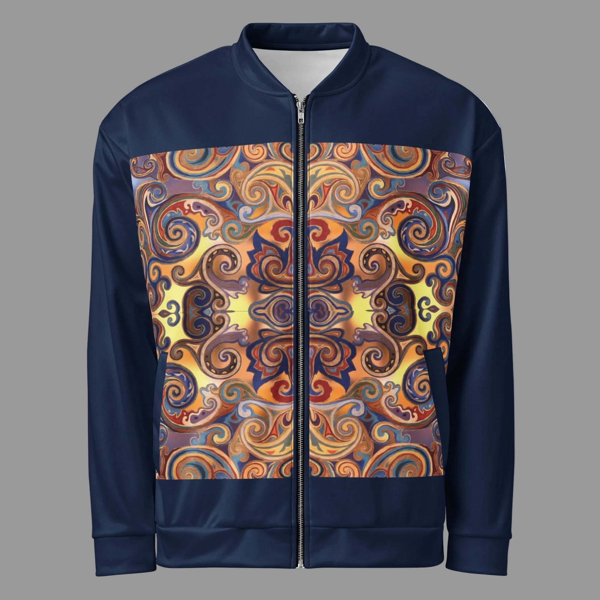 A navy blue zip-up jacket with a large, vibrant, symmetrical abstract swirl pattern printed across the chest and lower front panels, set against a plain white background.