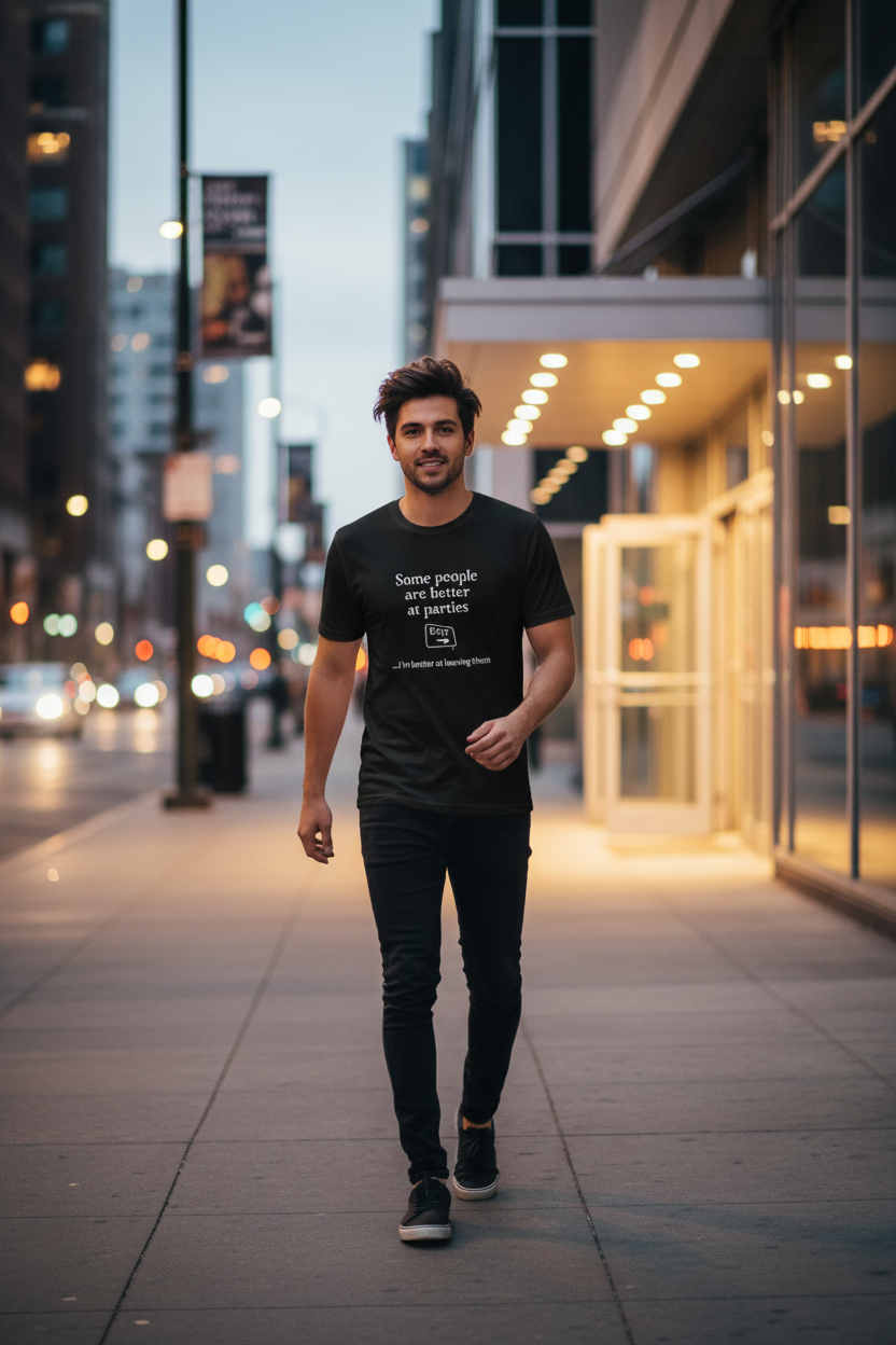 A man walking on a city sidewalk at dusk wearing a black graphic t-shirt with white text that reads 'Some people are better at parties' and an exit sign icon.