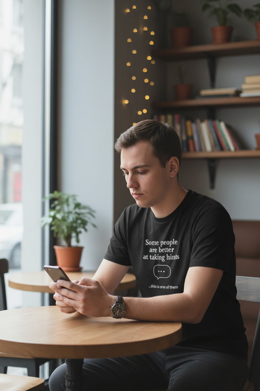 A man sitting at a wooden table in a cafe, wearing a black t-shirt with the white printed text 'Some people are better at taking hints'.