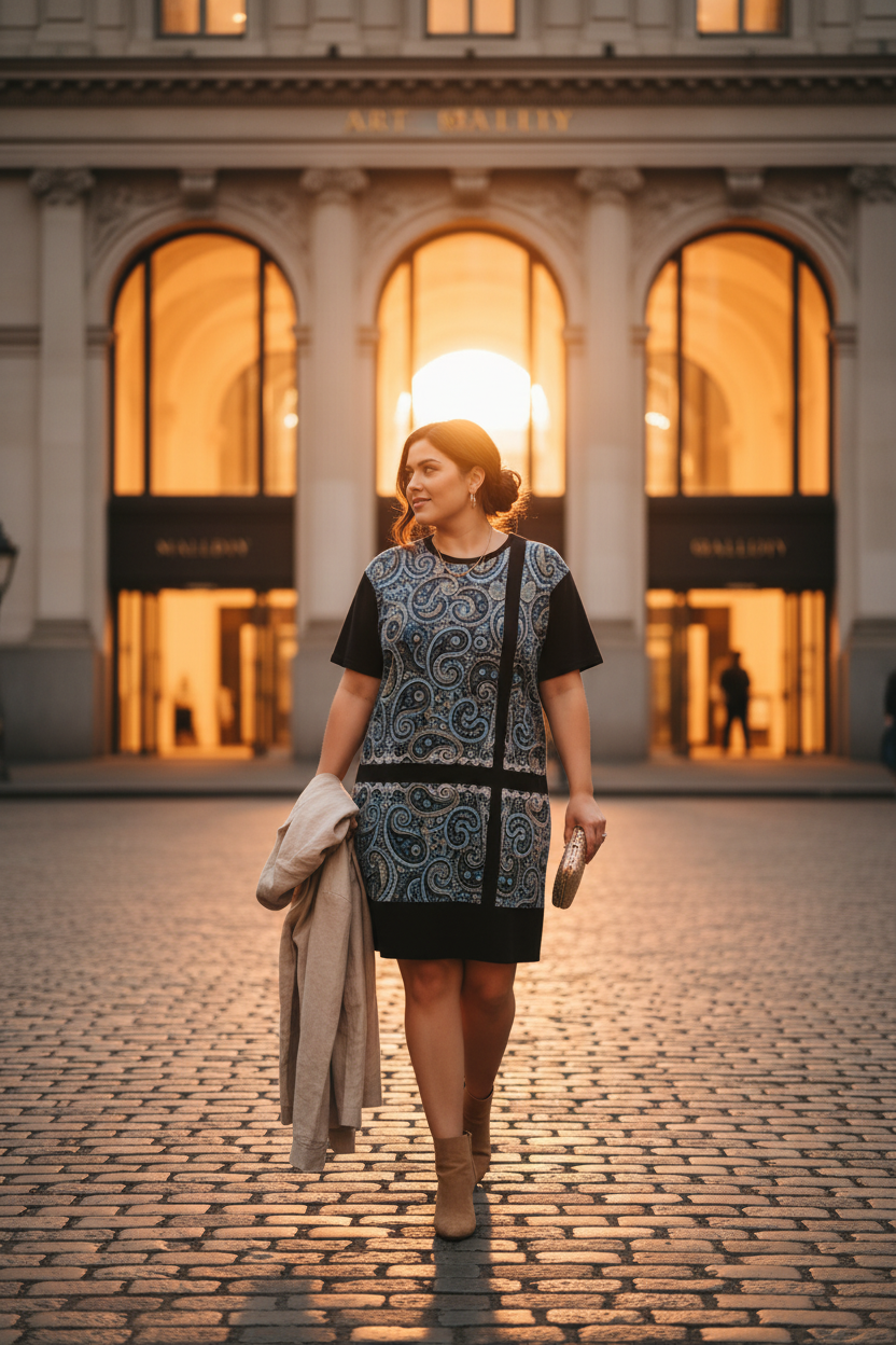 Woman walking on a cobblestone street in front of a building with warm lighting