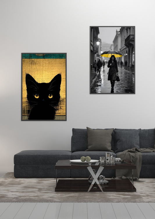 Gaze of Riddick | Black Cat Amber Eyes Gold Framed Canvas Print | Original Wall Art Canada