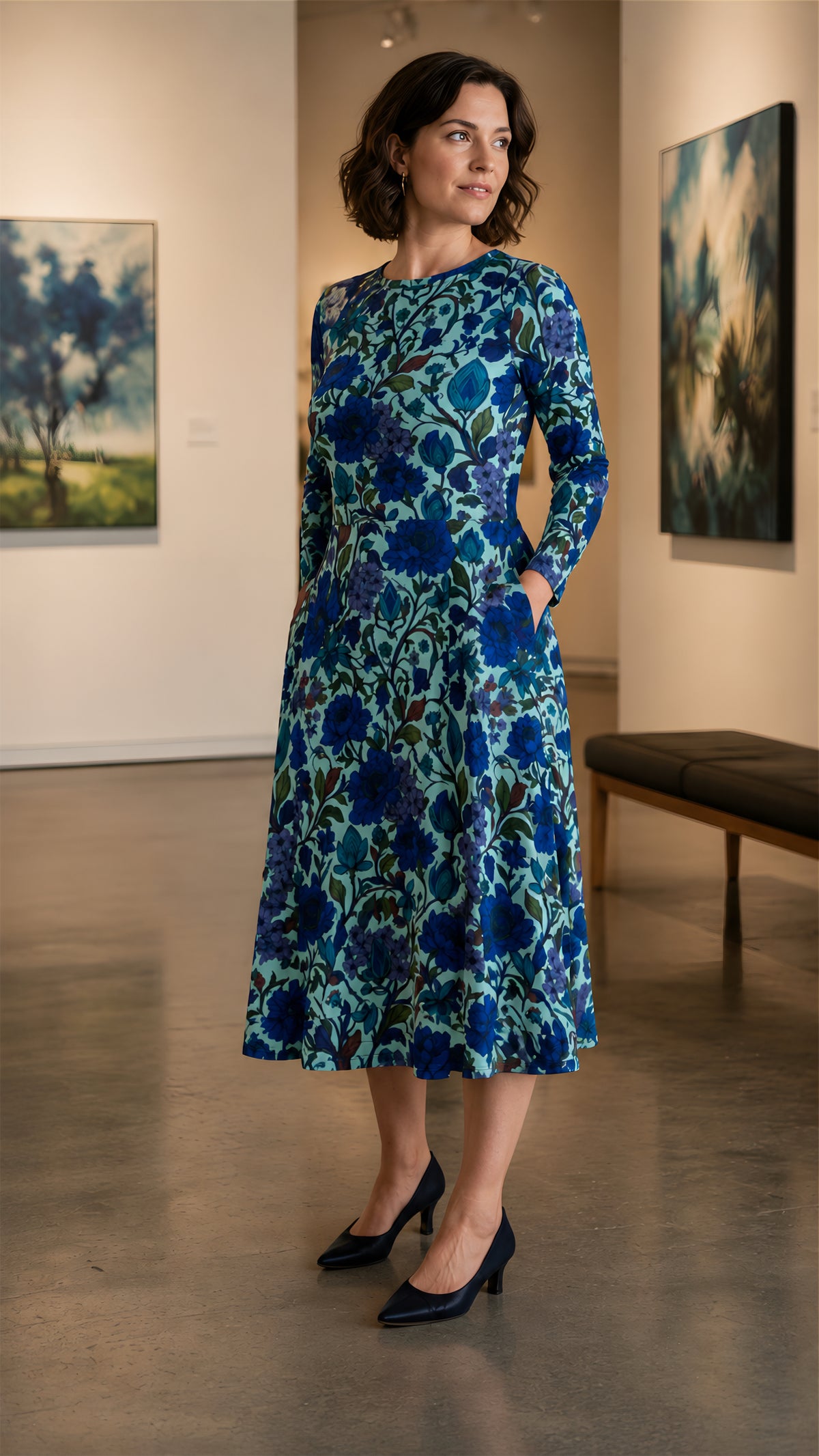Cobalt Garden Long-Sleeve Midi Dress