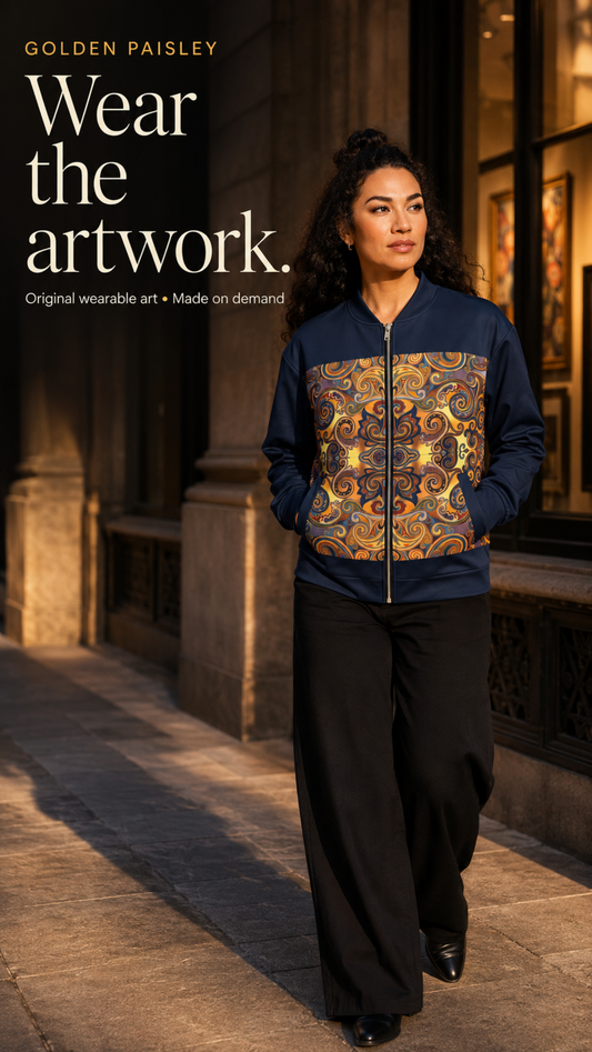 A woman walking outdoors wearing a navy bomber-style jacket with a large ornate gold and beige paisley pattern across the chest, paired with black wide-leg pants. Text on the left reads 'GOLDEN PAISLEY Wear the artwork.