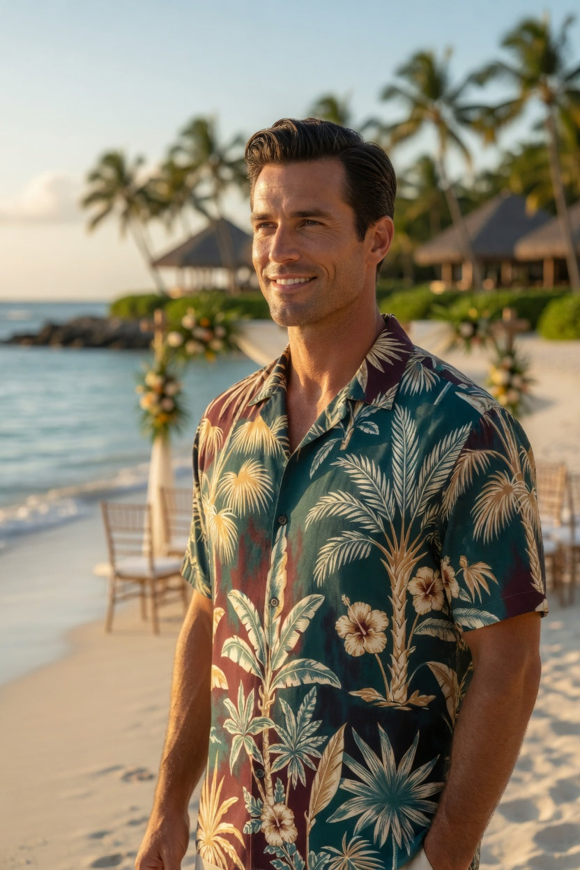 Vintage Luxe | Emerald Burgundy & Gold Botanical Hawaiian Shirt | Unisex Old-Money Resort Wear