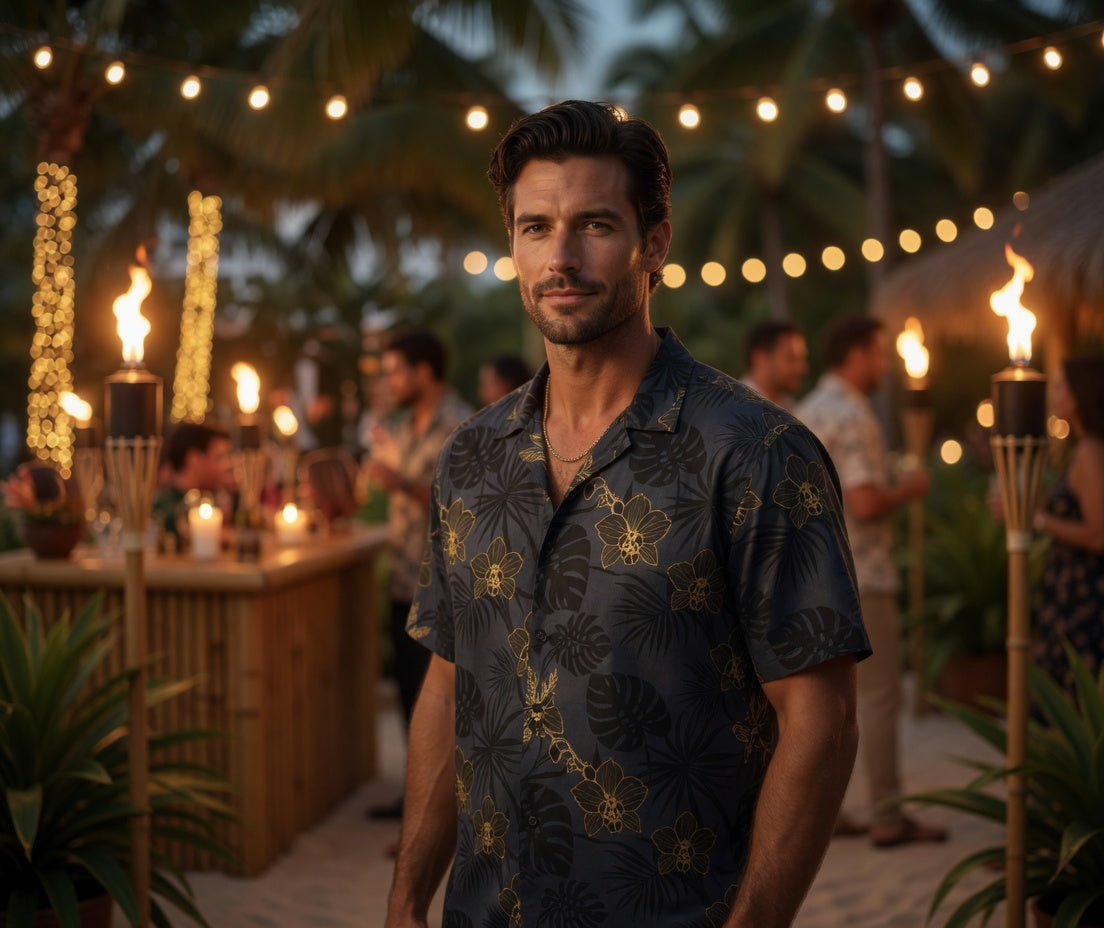Midnight Tropics | Dark Navy & Gold Tropical Hawaiian Shirt | Unisex Moody Resort Wear