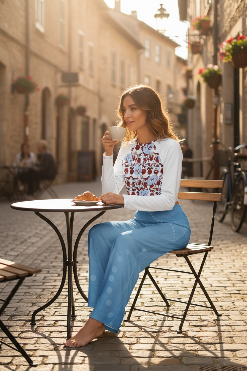 Floral Top & Bokeh Pants - Outdoor Café