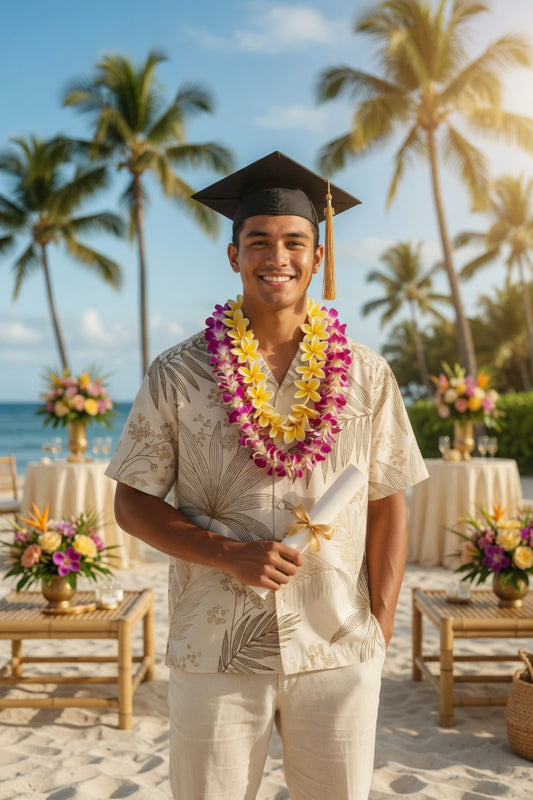 Graduate in cap and gown holding diploma on a beach with palm trees and tables in the background