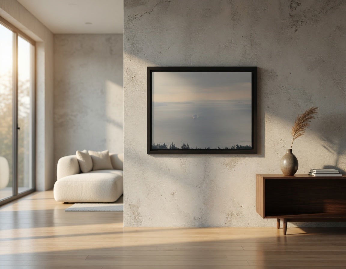 Modern living room with a framed landscape painting on a textured wall.