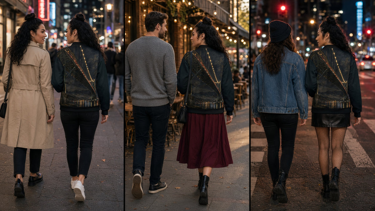 A four-panel lifestyle collage showing women from behind walking arm-in-arm down a city street at night. Each panel features a different man walking beside her, and the women wear different outfits including a beige trench coat, a gray sweater and burgundy skirt, a blue denim jacket, and a black denim jacket with gold fringe and chain strap.