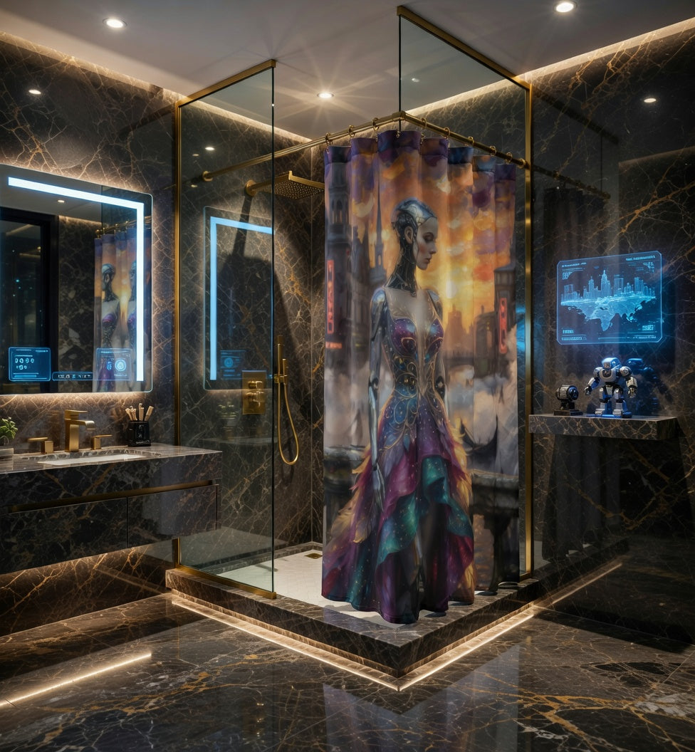 Neo-Venice Cipher Shower Curtain | Futuristic Crypto Art Bath Decor | Bullfrog Prints Canada