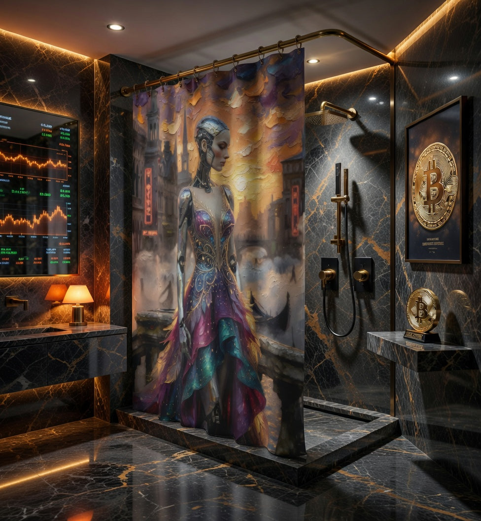 Neo-Venice Cipher Shower Curtain | Futuristic Crypto Art Bath Decor | Bullfrog Prints Canada