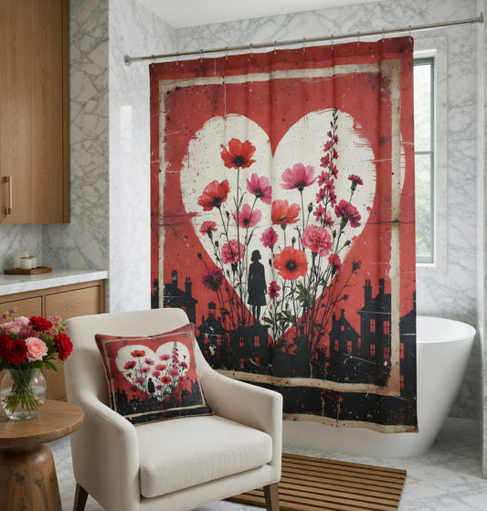 Blooming in the City Shower Curtain | Urban Floral Heart Art Bath Decor | Bullfrog Prints Canada