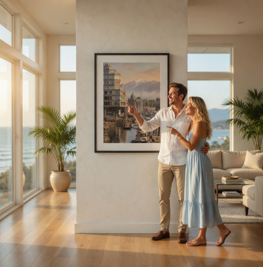 Couple taking a selfie in a modern living room with large windows and a cityscape painting.