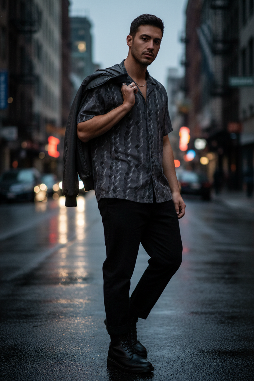 Lifestyle Mockup - Vinyl Grooves Camp Collar Shirt