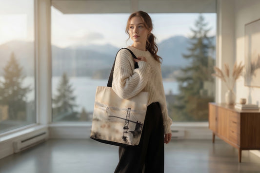 Foggy Vancouver | Lions Gate Bridge Art Tote Bag | Bullfrog Prints Canada