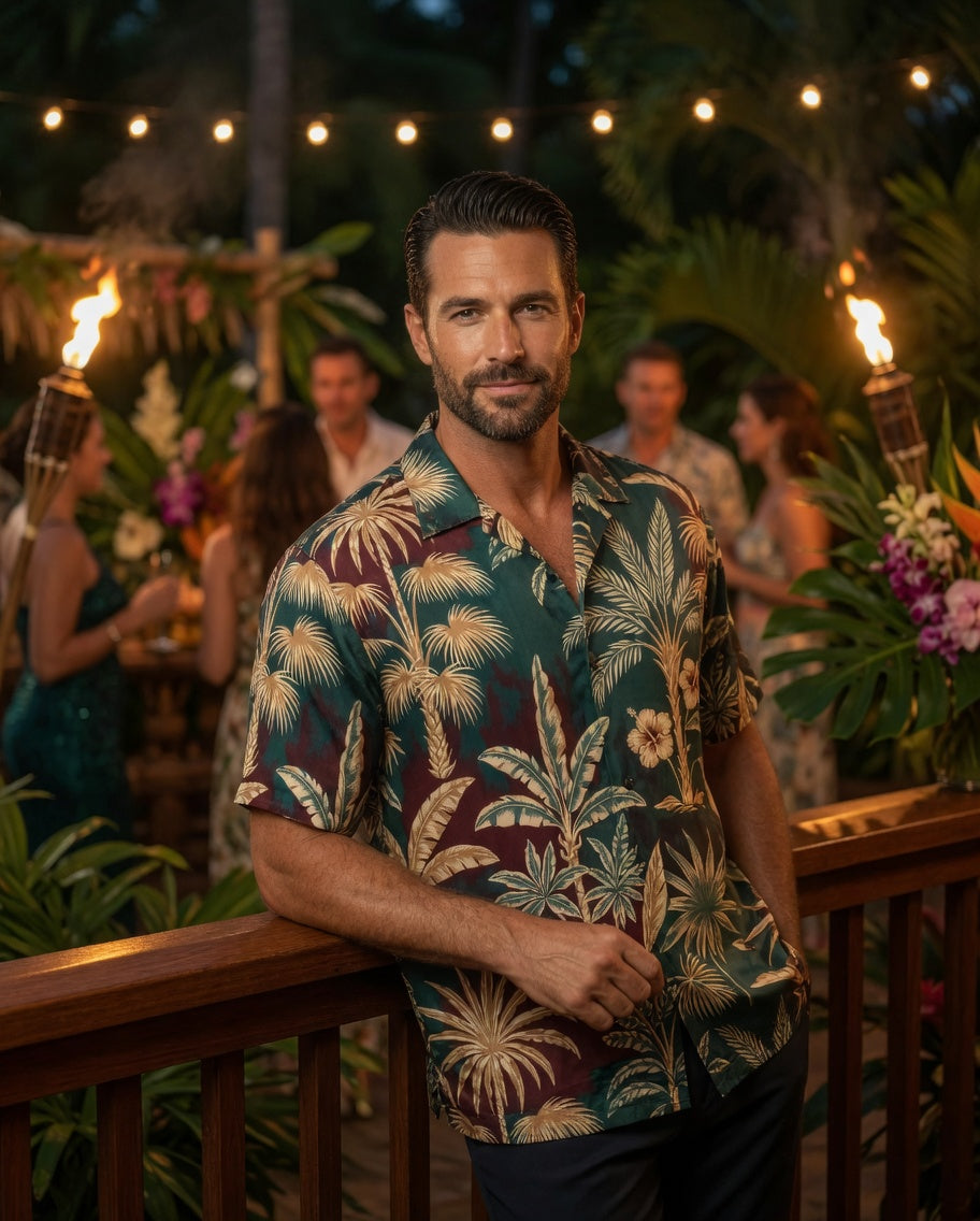 Vintage Luxe | Emerald Burgundy & Gold Botanical Hawaiian Shirt | Unisex Old-Money Resort Wear