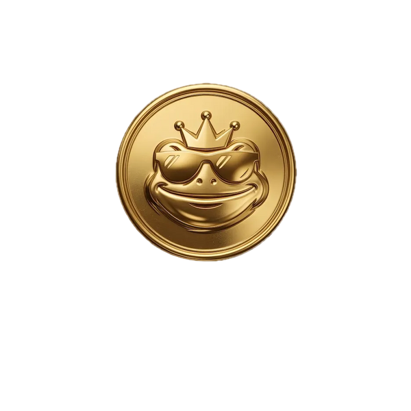 A round gold coin featuring a stylized frog face wearing a crown, isolated on a plain white background.