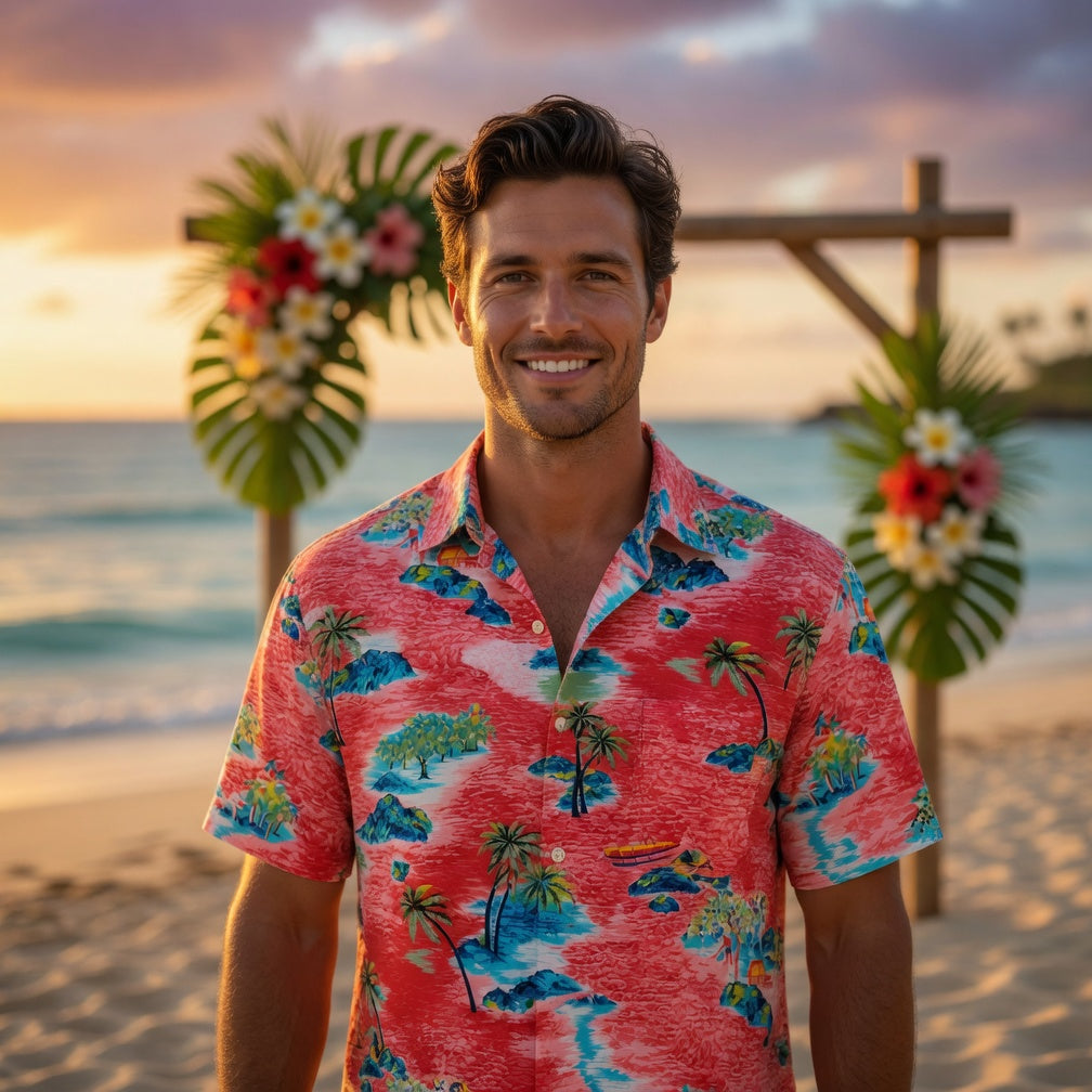 Iconic 90s Tropical Island | Pink Ocean & Palm Tree Hawaiian Shirt | Unisex Retro Resort Wear