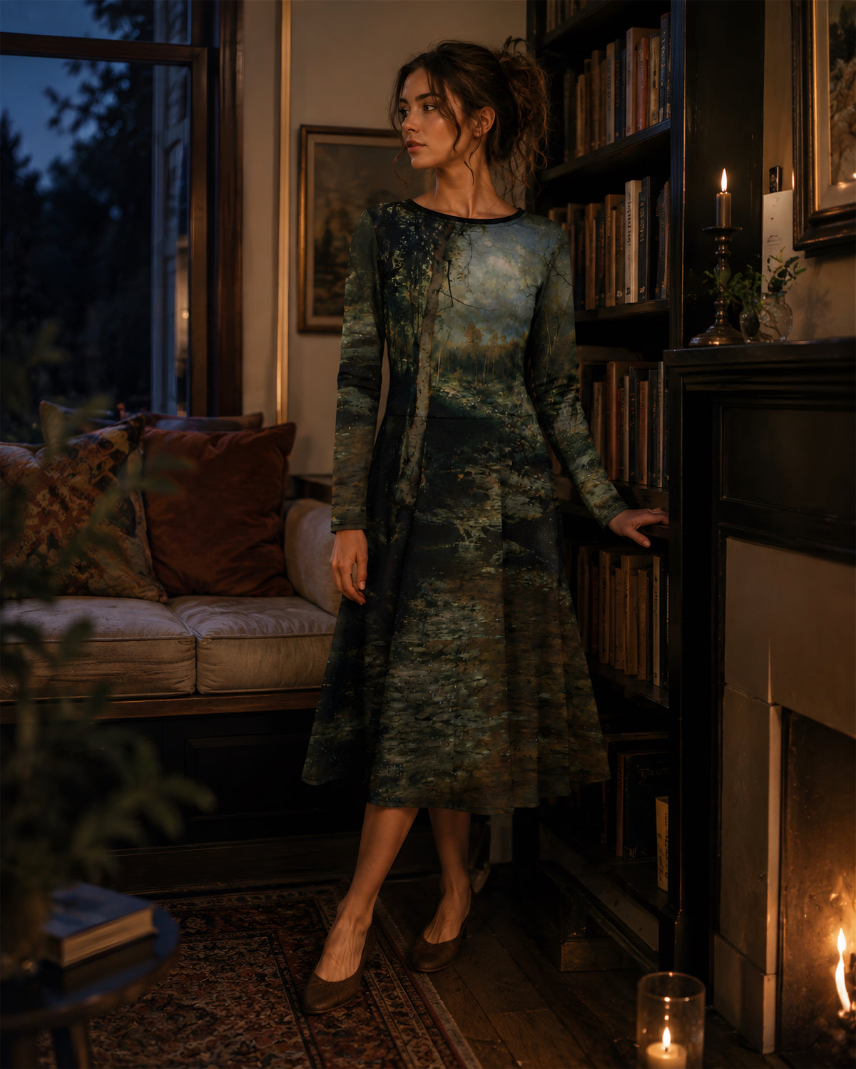 Moonlit Forest Path Wearable Art Midi Dress