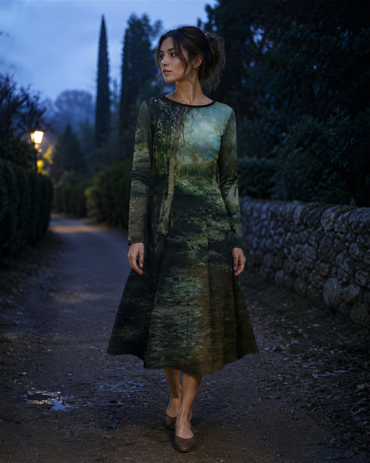 Moonlit Forest Path Wearable Art Midi Dress
