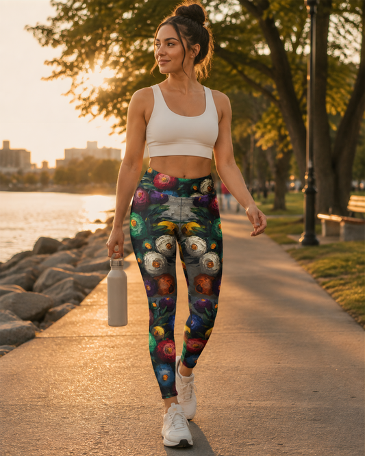 Mouvement Pétale Éclatant | Legging de Yoga Floral Peint | Vêtements de Sport Fantaisistes | Bullfrog Prints Canada