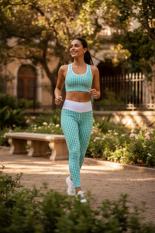 Woman in green checkered athletic wear running in a park.